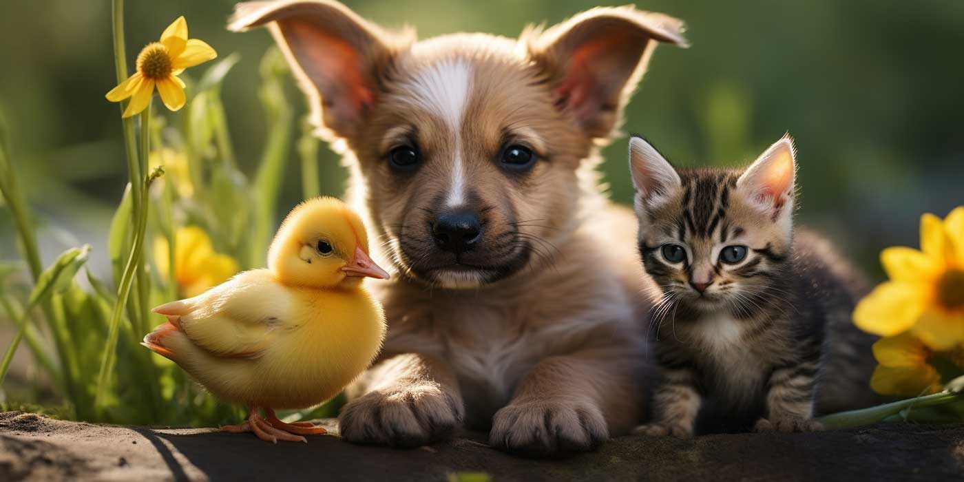 a duckling, puppy, and kitten