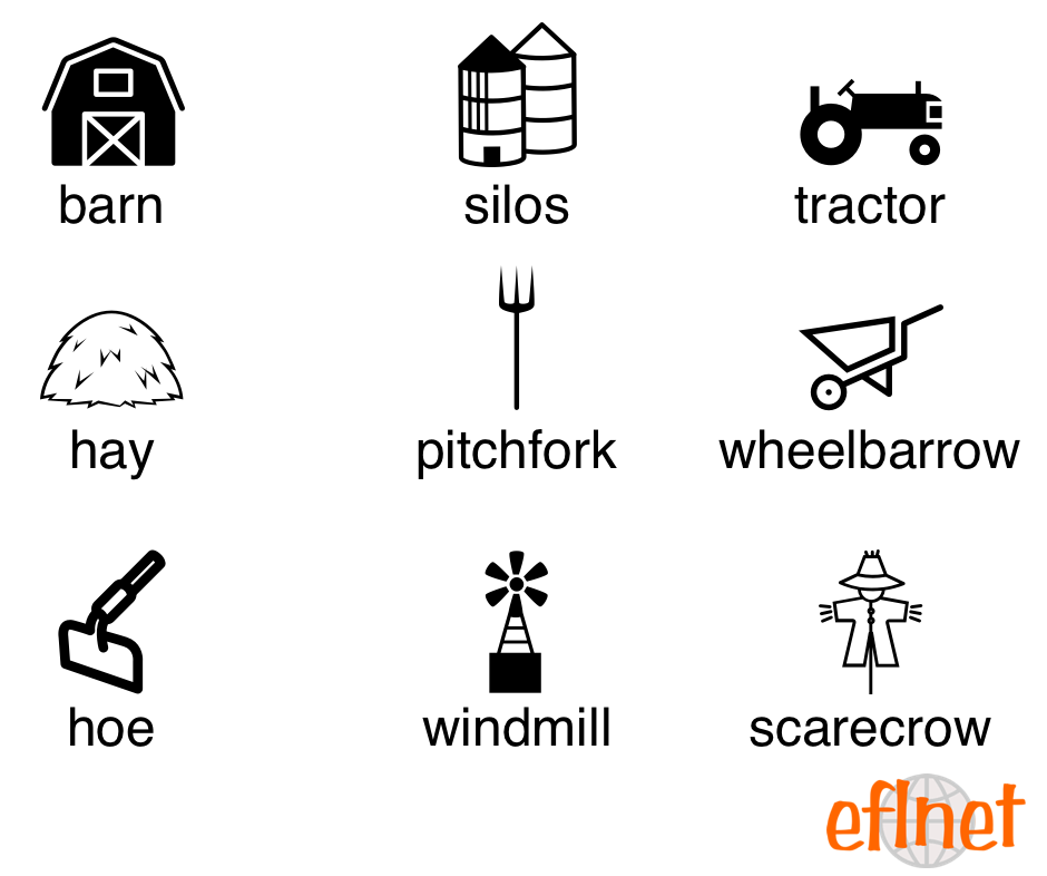 barn, silos, tractor, hay, pitchfork, wheelbarrow, hoe, windmill, scarecrow