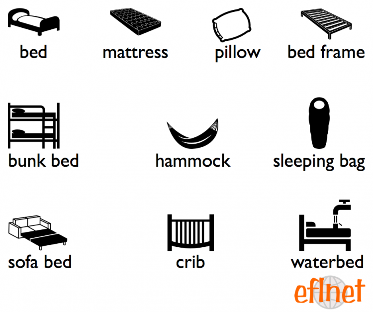 Bed Vocabulary Worksheet - bed, mattress, pillow, hammock, sleeping bag, crib...