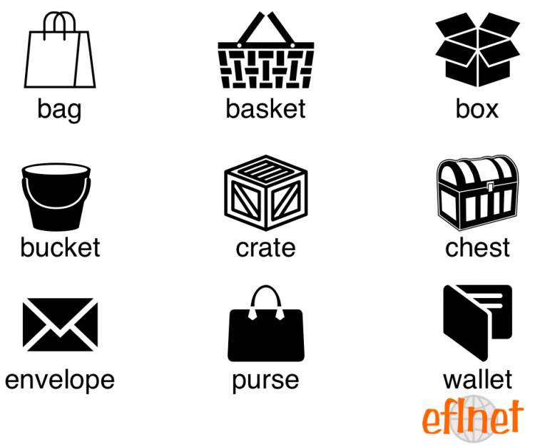 Container Words - bag, basket, box, buck, crate, chest, envelope, purse, wallet