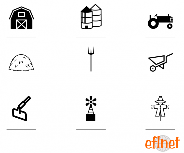 barn, silos, tractor, hay, pitchfork, wheelbarrow, hoe, windmill, scarecrow