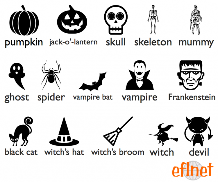 Halloween worksheet with words:pumpkin, skull, skeleton, mummy, ghost, spider...