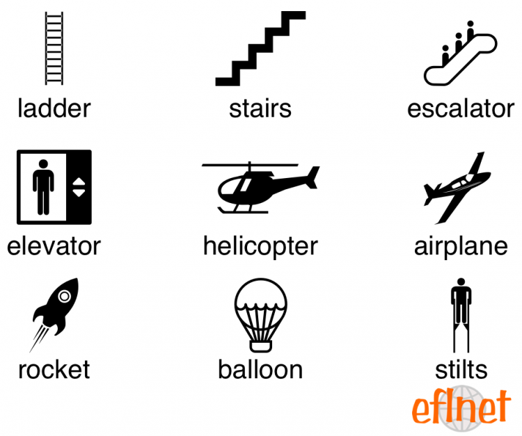 ladder, stairs, escalator, elevator, helicopter, airplane, rocket, balloon, stil